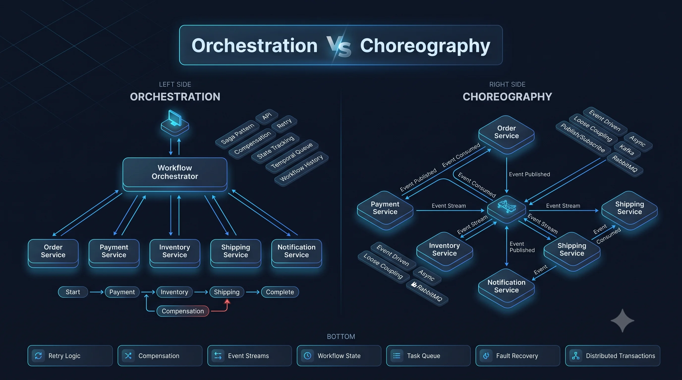 Microservices Orchestration vs Choreography: Saga patterns, temporal queues, and event streams
