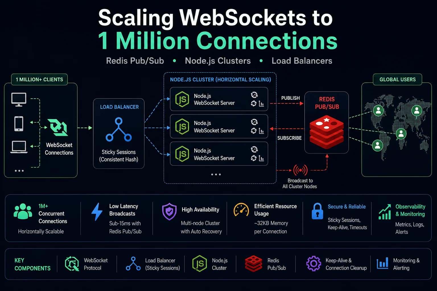 Scaling Websockets to 1 Million Connections: Redis Pub/Sub, Node.js Clusters, and Load Balancers